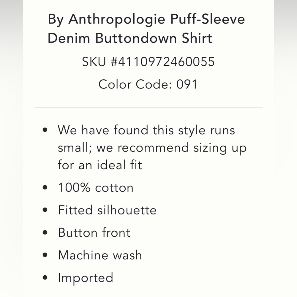 ANTHROPOLOGIE➕NWT Puff Sleeve Denim Button-down Shirt - Picture 8 of 9